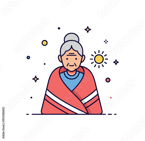 Community wisdom keeper elder silhouette wrapped in a traditional shawl with a small sun symbol behind representing guidance. A thoughtful micro