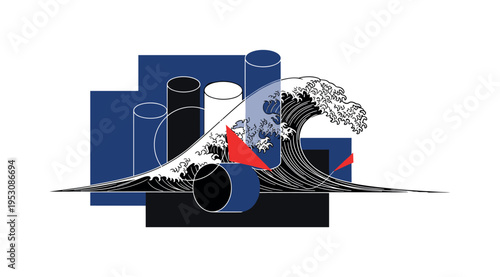 A monochrome wave frozen mid-crest, combined with geometric cylinders and semicircles emphasizing motion, abstract flat color blocks placed behind for depth,