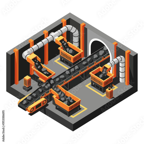 Isometric Coal Mine Conveyor System Illustration.