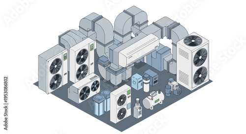 Isometric illustration of a complex HVAC system with multiple air handling units and ductwork.