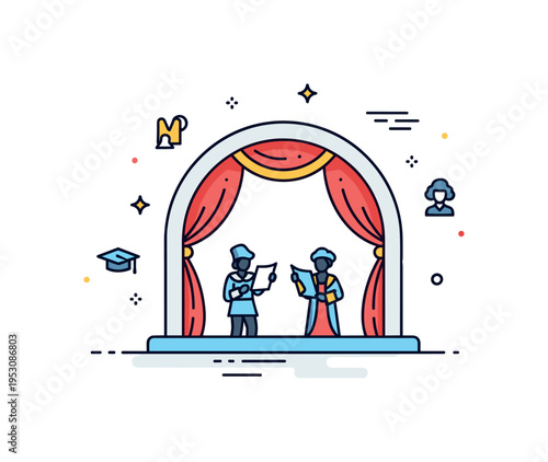 Historical theater reenactment featuring a simple stage arch with two small actor silhouettes and curtain accents, capturing dramatic storytelling and period