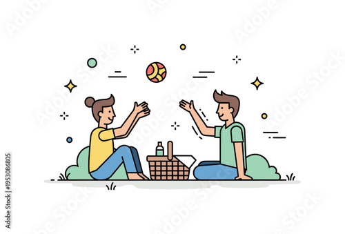 Relaxed park outing scene with friends tossing a ball while sitting near a picnic basket. Tiny motion lines and sparkle accents convey playful movement and
