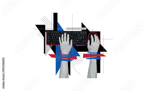 Black and white hands positioned correctly on keyboard and mouse, sharp angular blocks and thin linear grids emphasizing wrist alignment, cobalt blue and deep