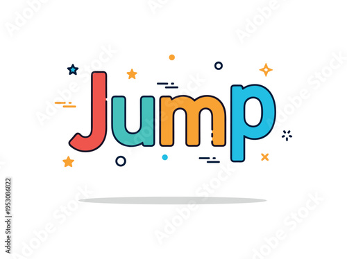 Typographic bounce playful word Jump with alternating letter heights and small ground shadow beneath. A lively concept badge about elasticity and animated