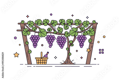Harvest season in the vineyard ripe grape clusters hanging from aligned vines with a small basket placed in the foreground. A warm editorial concept about