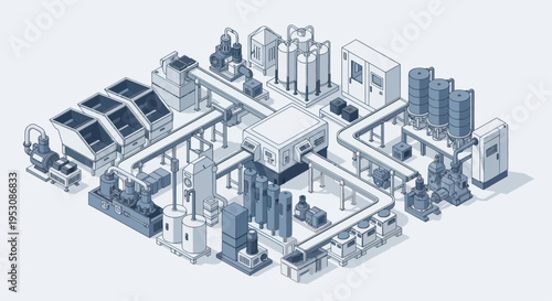 Isometric illustration of a complex industrial facility with interconnected systems.