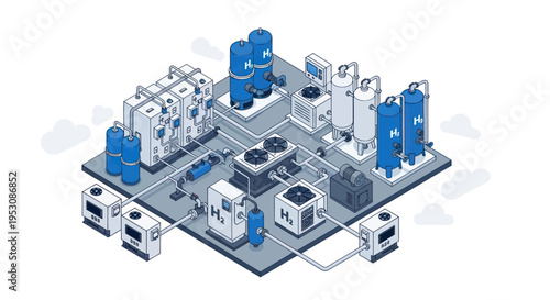 Isometric illustration of a complex industrial facility with various machinery.