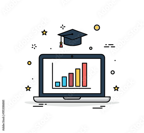 Beginner investing course laptop screen displaying a simple bar graph with a small graduation cap icon above. A modern concept badge about building financial