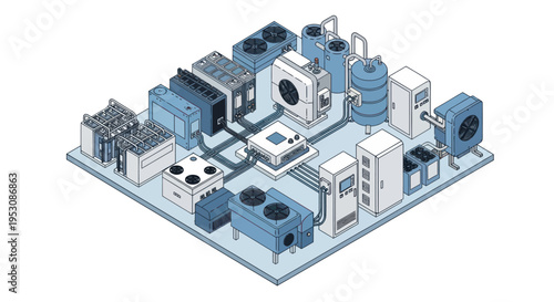 Isometric illustration of a complex industrial HVAC system layout.