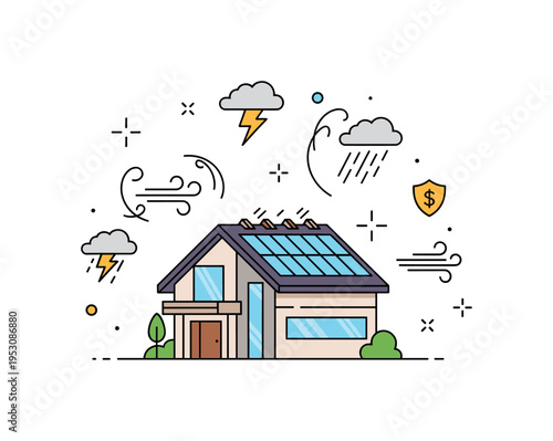 Climate resilient housing concept centered on a sturdy modern house with reinforced roof panels, while small wind and rain icons swirl around to symbolize