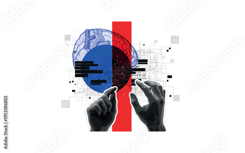 Black and white frontal composition of technician adjusting digital interface screen, bold red vertical stripe dividing layout, blue circle partially behind a