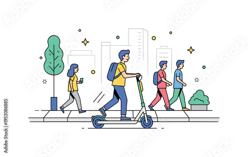 Teen riding an electric scooter on a city sidewalk with casual stride and nearby pedestrians, emphasizing convenience, urban mobility, and modern transport.