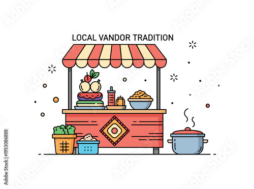 Local vendor tradition illustrated by a simple market stand with stacked fresh ingredients and a small cooking pot, symbolizing heritage recipes and handmade