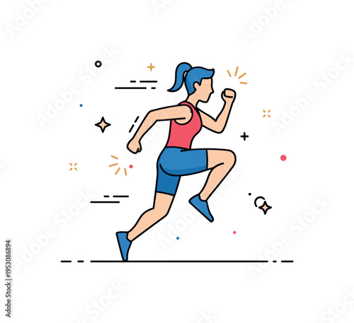 Dynamic fitness badge presenting a figure mid high knee jump with small spark accents suggesting intensity and drive. The compact editorial layout emphasizes