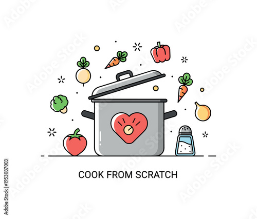 Hearty soup concept featuring a pot surrounded by scattered vegetables and a small salt shaker icon. A compact ?Cook from Scratch? caption communicates