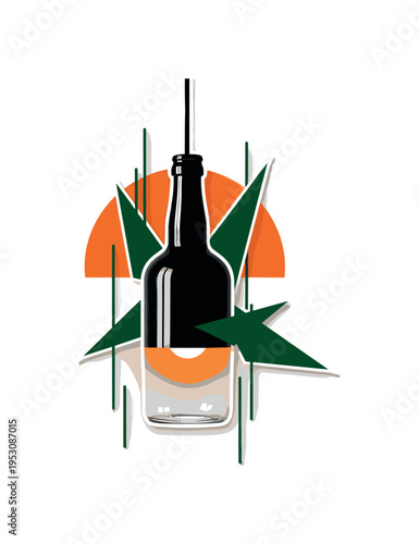 Black and white vintage glass bottle centered as main object with a bold green rectangular label, large muted green circle behind symbolizing sustainability,