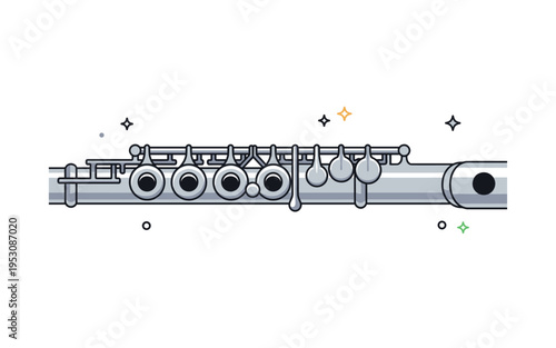 Silver concert flute detail showcasing aligned tone holes and clean metallic shine. Balanced composition and tiny decorative stars communicate clarity,