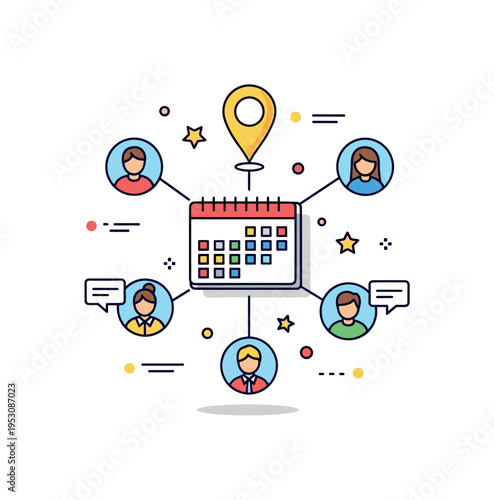 Group trip coordination scene featuring multiple small avatar icons connected to a shared calendar and location pin, expressing teamwork and collaborative