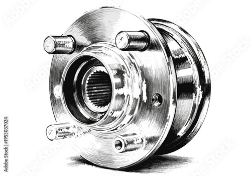 Detailed illustration of a shiny metal car wheel hub with splined center and bolt holes
