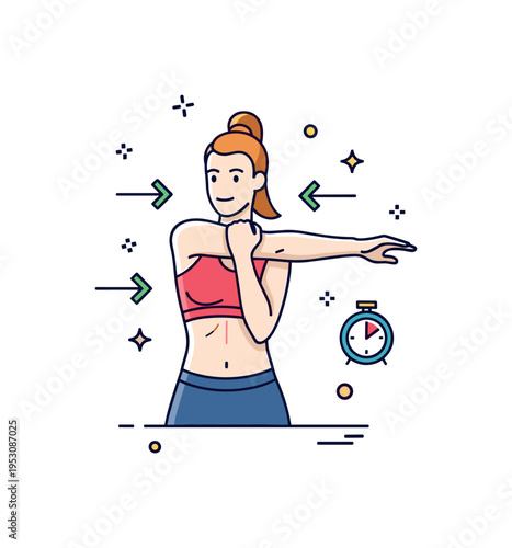 Dynamic warmup stretch capturing a torso twist with controlled arm extension. Small arrow accents and a compact timer icon communicate mobility and readiness