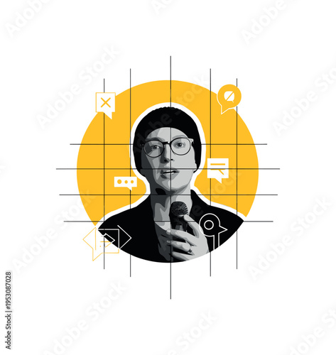 Monochrome candid portrait of a person confidently speaking, intersected by a large yellow circular frame and thin black grid lines suggesting structure and