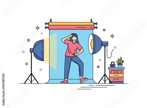 Creative portrait photography in a studio with colorful lighting and props, a subject striking an imaginative pose, highlighting personality, style, and