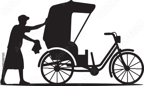 Black silhouette of man polishing rickshaw tricycle
