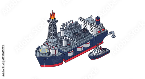 Isometric illustration of a large industrial oil rig ship with a smaller boat nearby.