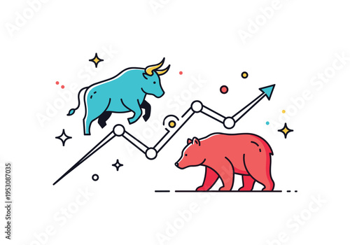 Bull and bear market trend stylized upward bull silhouette transitioning into a downward bear shape along a single flowing line graph. A clean visual metaphor