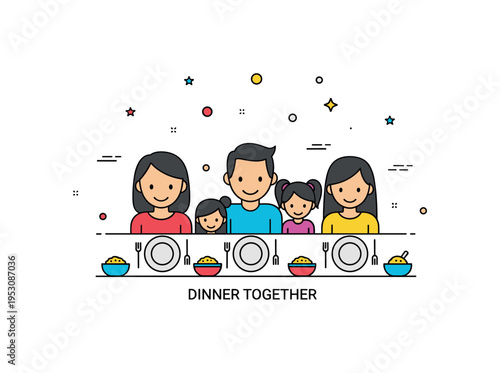 Home dinner gathering concept featuring a family seated side by side at a table with plates and small serving bowls. A short ?Dinner Together? text detail