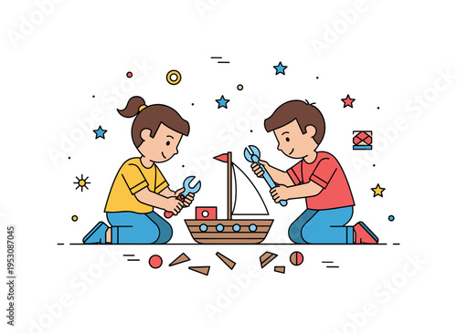 Kids building toy boats featuring two children assembling a small wooden sailboat with simple tools and scattered craft pieces, expressing creativity and