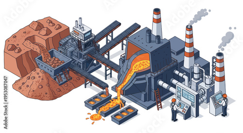 Isometric illustration of a metal smelting and refining plant.