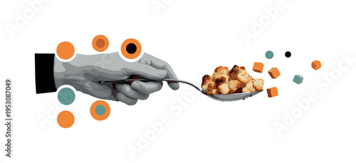 A monochrome hand emerging from the side holding a spoonful of stuffing, crumbs transforming into abstract circular shapes and small blocks, retro cut-out