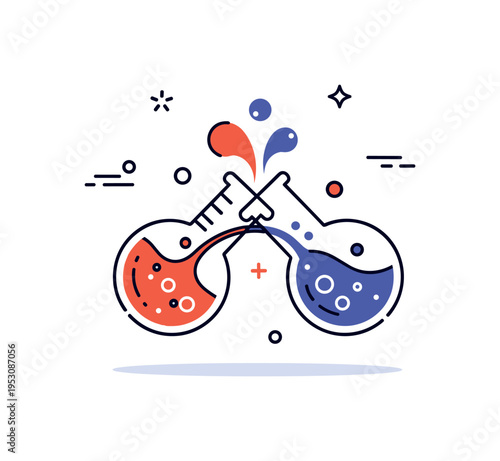 Science lab reaction two connected beakers with contrasting colored liquids blending at the center, symbolizing transformation and experimentation. A dynamic