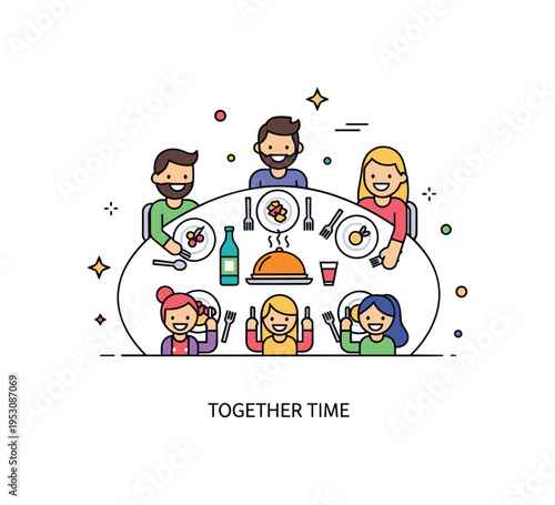 Family dinner scene illustrated through a round table with smiling figures seated around it and a steaming dish in the center. A subtle ?Together Time? caption