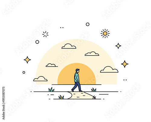 Silent morning walk concept centered on a single figure strolling along a simple path beneath a pale sunrise, expressing introspection and gentle movement. The