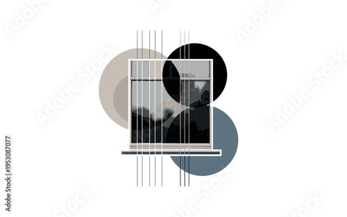 A monochrome rain-streaked window above a simple sill, intersected by thin vertical lines representing falling rain, bold circular shapes symbolizing