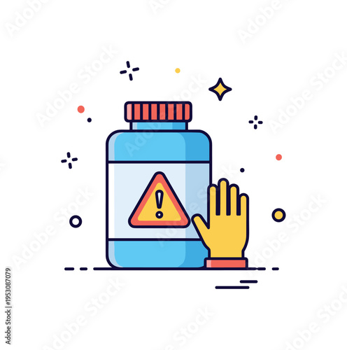 Chemical hazard awareness featuring a simple container marked with a warning triangle and small protective glove icon beside it, symbolizing careful handling