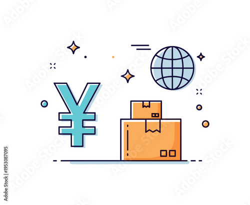 Yen international trade theme featuring a yen symbol paired with a cargo box icon and a minimal globe outline, suggesting cross border commerce and exports.