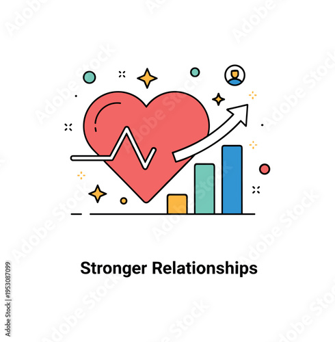 Customer experience upgrade concept centered on a heart icon combined with a rising bar chart. A compact ?Stronger Relationships? caption reinforces loyalty,