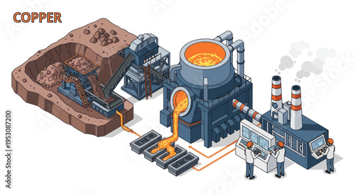 Isometric Illustration of Copper Mining and Smelting Process.
