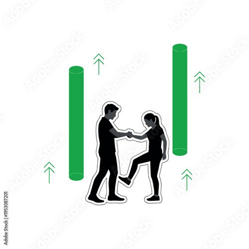 A realistic monochrome image of one person helping another stand up, combined with green cylindrical accents and subtle upward arrow icons symbolizing hope and