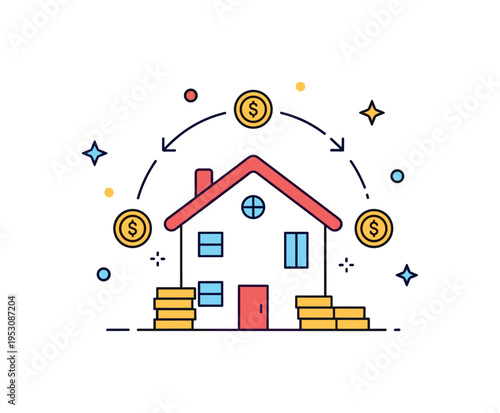 Metaverse rental income model featuring a digital apartment icon with small recurring coin symbols circling around it, representing passive income streams from