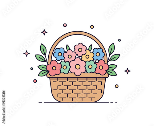 Romantic garden walk with bouquet basket featuring soft pastel blossoms arranged neatly in a woven basket with gentle leaf details around, expressing serenity