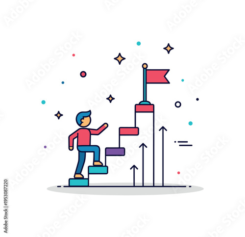 Personal growth journey concept featuring a small character climbing simplified steps toward a flag at the top. Tiny star accents and gentle upward arrows