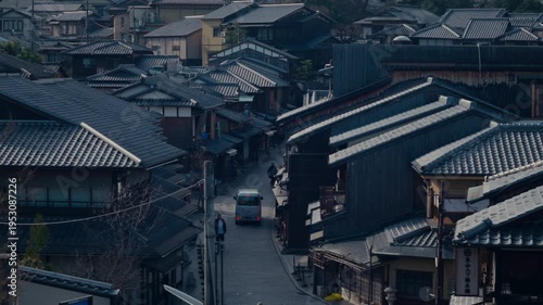 High viewpoint of Kyoto street with classic Japanese houses and quiet residential setting.