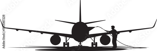 Black silhouette of man refueling airplane aircraft