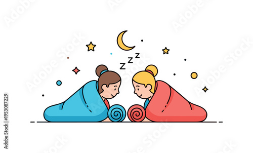 Sleepover bonding friends wrapped in sleeping bags facing each other with a subtle moon icon in the background. A gentle concept badge about connection,