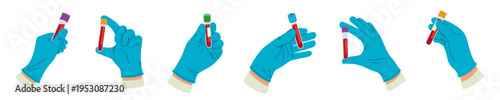 Set of hands of lab worker holding blood samples. Medical worker holds test tubes with blood for testing and examining patient. Flat vector illustration collection isolated on background