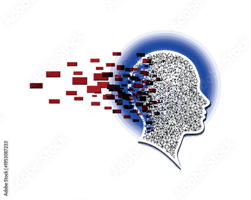 Conceptual infinite universe theme with black-and-white profile dissolving into repeated circular geometric patterns, cobalt blue halo behind head, red